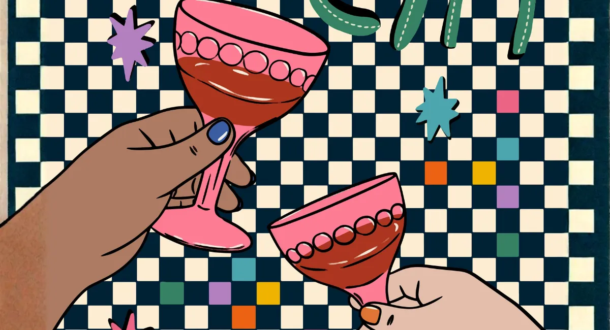 Illustration verres de vins sur damier 